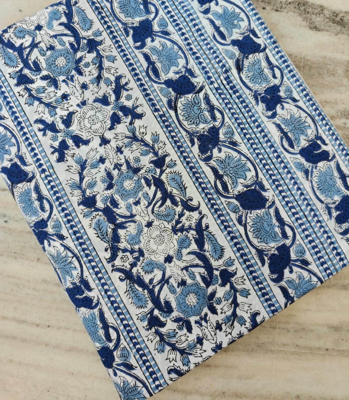 Blue Floral Cotton Fabric, Indian Block Print Fabric, Blue White Floral Fabric, Striped Border Cotton Fabric, Quilting Fabric, Boho Textile
