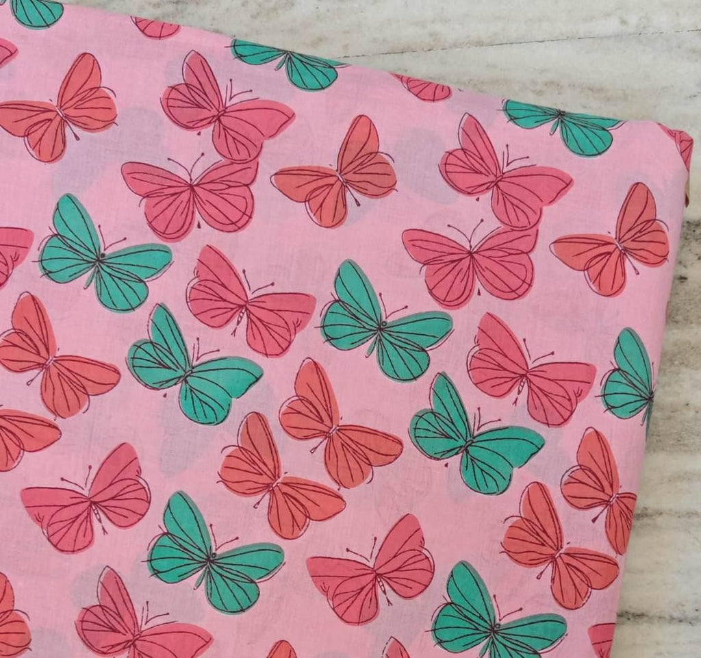 Pink Butterfly Cotton Fabric, Teal & Coral Butterflies Print, Quilting Fabric, Dressmaking Fabric, Craft Fabric by the Yard Dressmaking