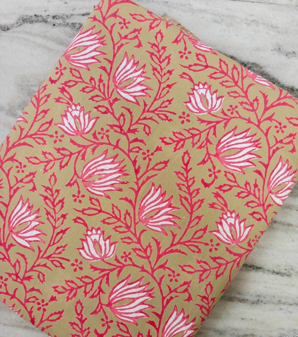 Pink Floral Cotton Fabric, Hand Block Print Fabric, Indian Cotton By The Yard, Flower Fabric Napkins, Soft Cotton Dressmaking Loose Fabric