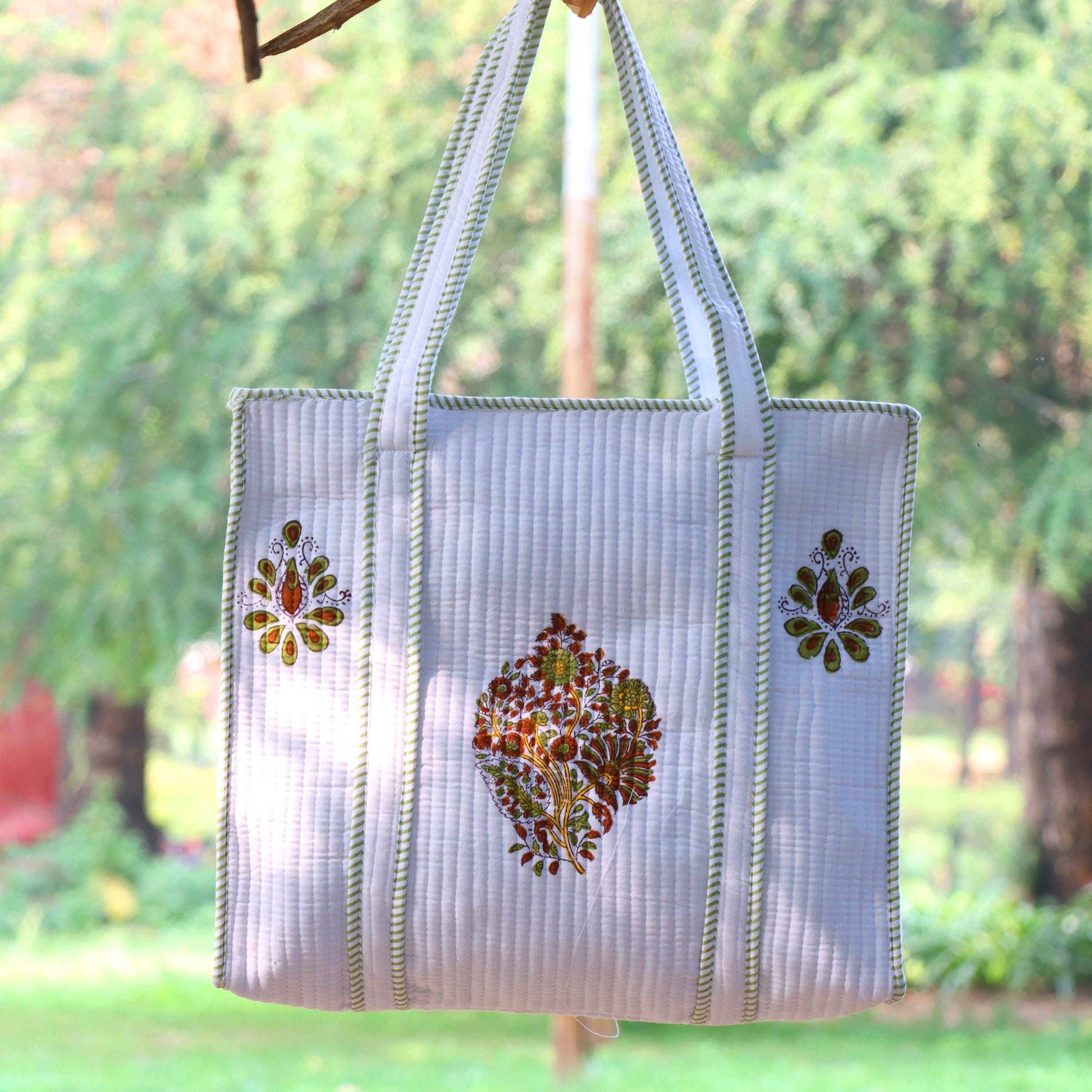 Hand Block White Cotton Floral Block Print Shoulder Bag, Handmade Quilted Tote Bag, Quilted Tote Bag, Indian Bags Shopping Bags, Women's Bag