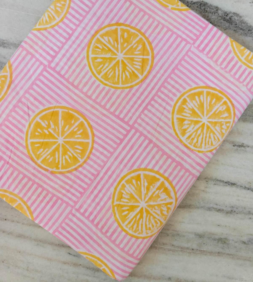 Pink Floral Cotton Fabric, Lemon Slice Hand Block Fabric Print by the Yard, Yellow Citrus Print on Striped Background, Indian Soft Cotton