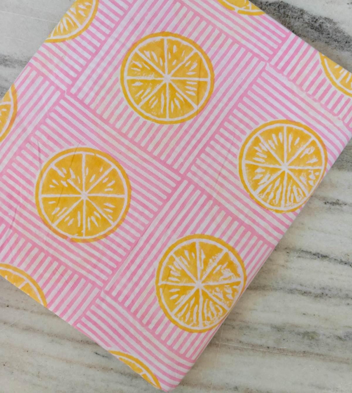 Pink Floral Cotton Fabric, Lemon Slice Hand Block Fabric Print by the Yard, Yellow Citrus Print on Striped Background, Indian Soft Cotton