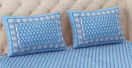 Blue Hand Block Print Cotton Bedsheet with Pillow Covers, Queen Size Bedding Set, Floral Indian Bedspread, Soft Breathable Summer Sheet