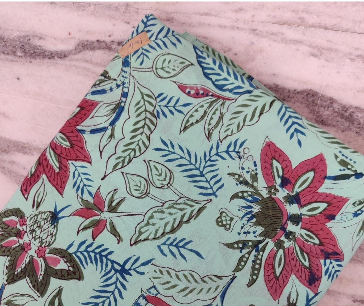 Green Multi-Color Indian Hand Block Print Fabric, Floral 100% Cotton Quilting Fabric By The Yard, Fabric Dress Making, Loose Running Fabric