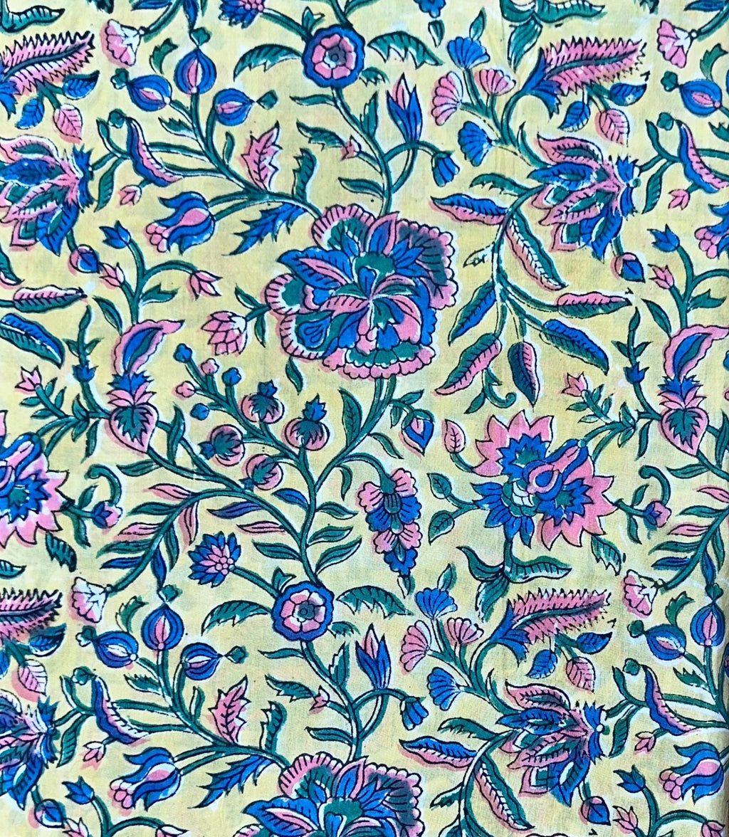 Green Floral Cotton Fabric by Yard, Indian Hand Block Print Cloth, Soft Cotton Sewing Quilting Dressmaking Fabric, Loose Running Fabric