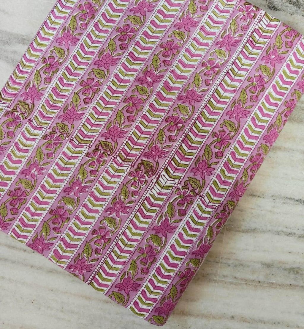 Pink Floral Cotton Fabric by the Yard, Block Print Stripe Pattern, Green & White Chevron, Indian Handmade Craft Fabric, Loose Running Fabric