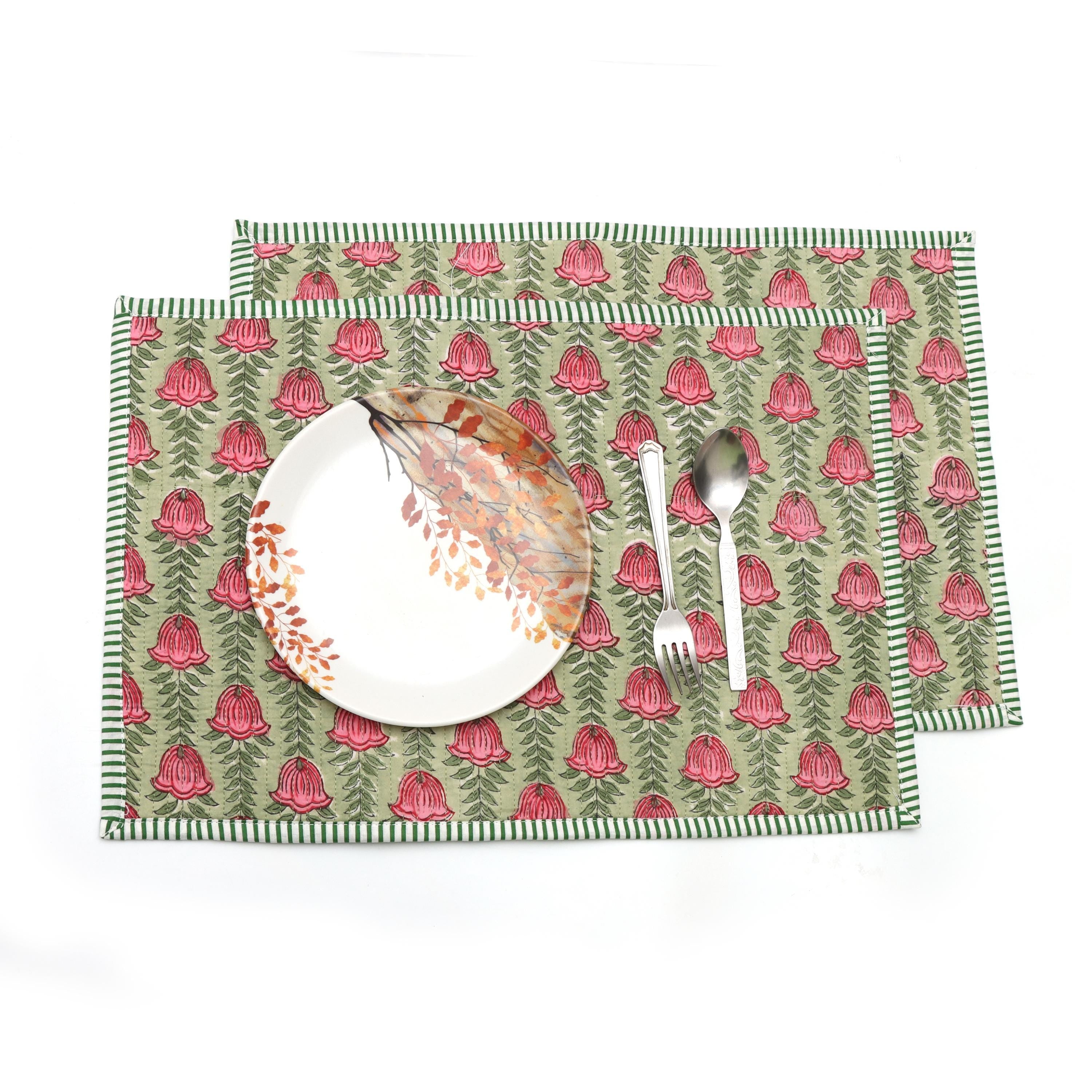 Green & Pink Rose Block Print Table Mats, Handmade Floral Cotton Placemats, Table Decor Placemat, Indian Style Table Linen, Cotton Placemat