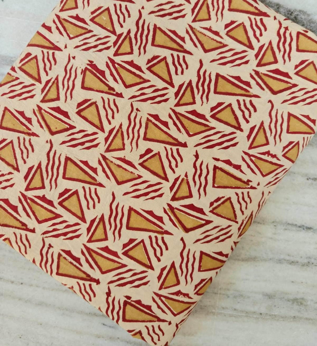 Red Mustard Geometric Cotton Fabric, Triangle Block Print, Indian Handcrafted Sewing Quilting Fabric by the Yard, Fabric For Dress Making
