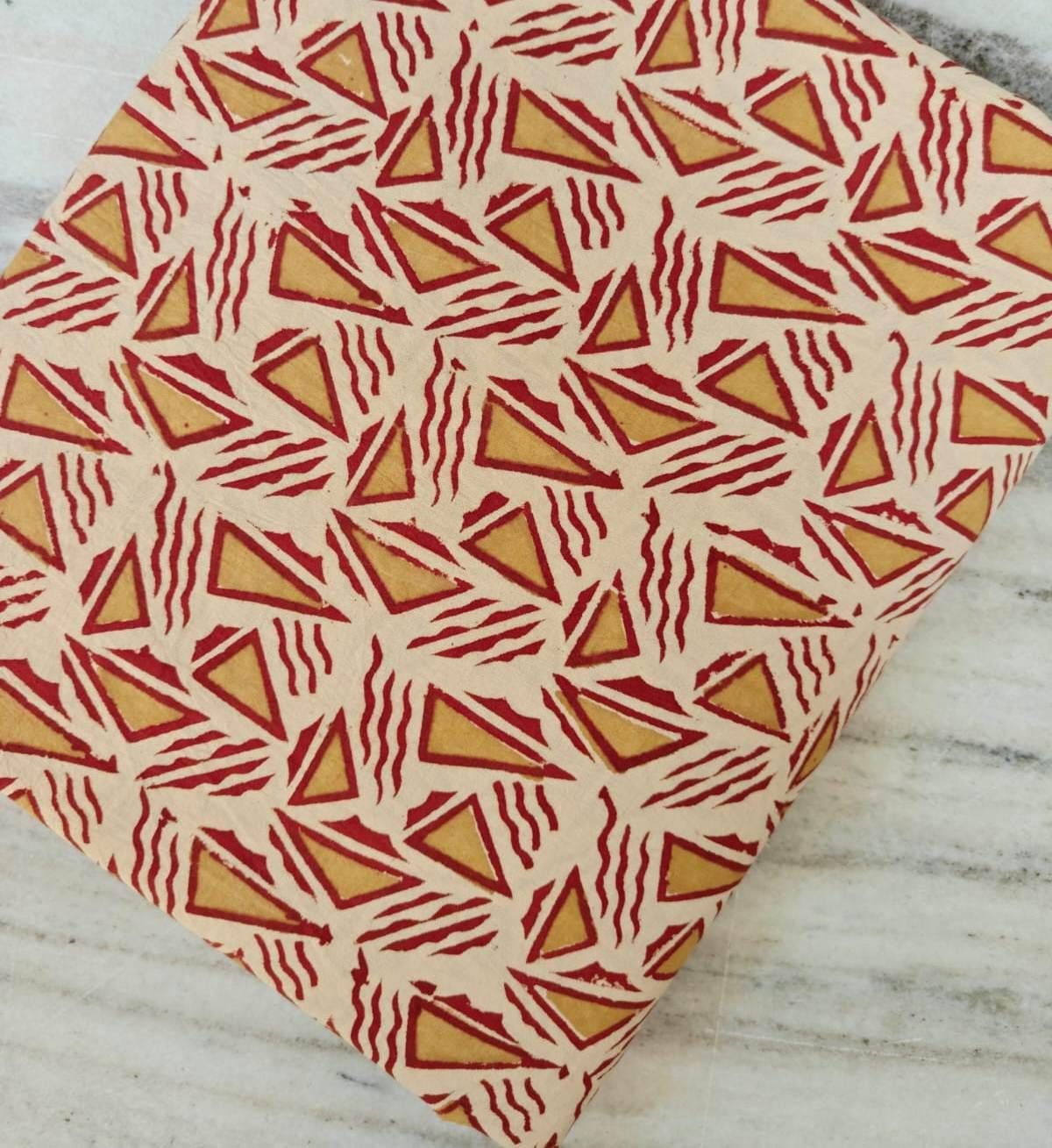 Red Mustard Geometric Cotton Fabric, Triangle Block Print, Indian Handcrafted Sewing Quilting Fabric by the Yard, Fabric For Dress Making