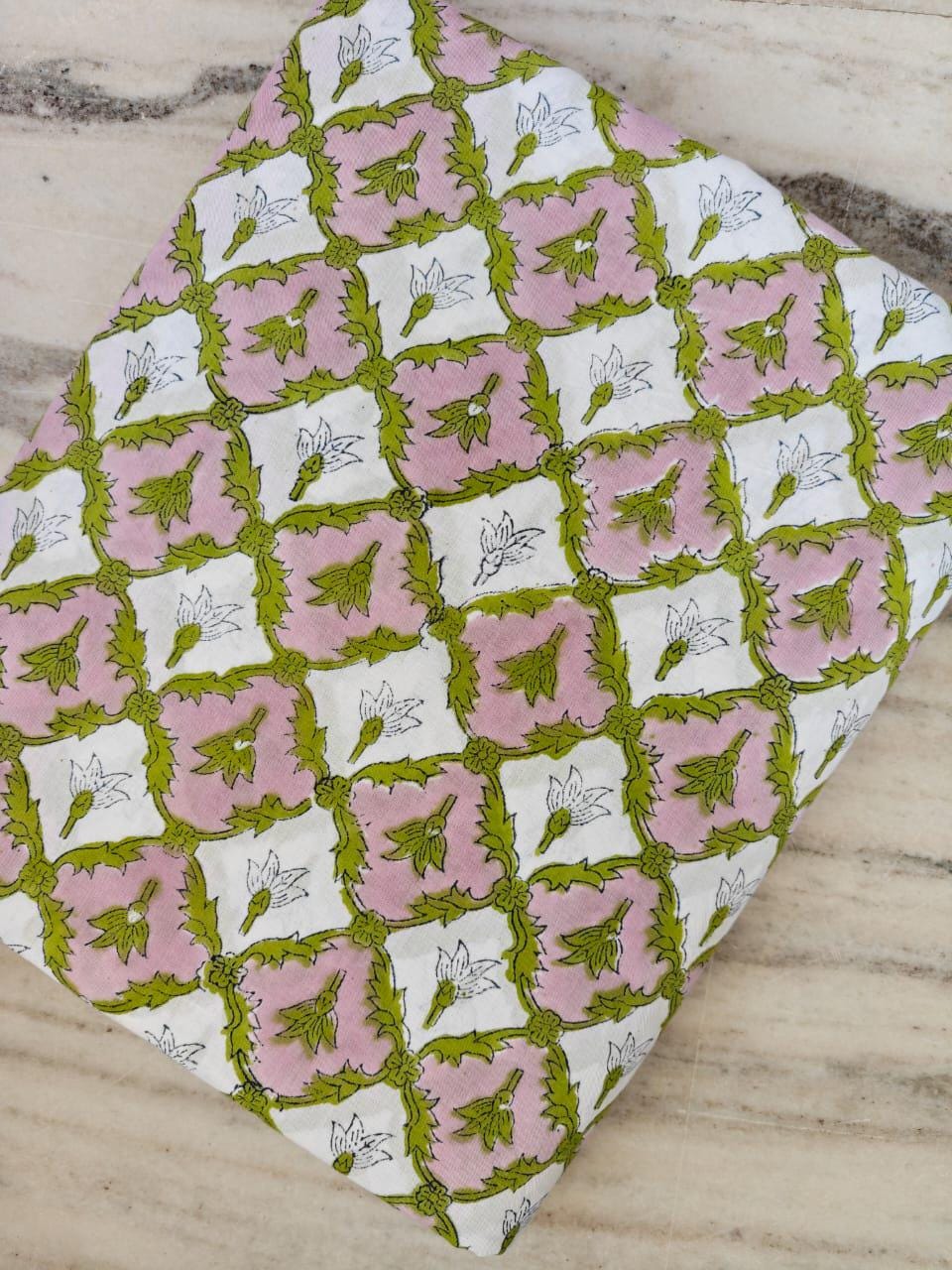 Pink Floral Hand Block Print Cotton Fabric, Indian Cotton Fabric by Yard, Green Vine Flower Print Fabric, Soft Cotton for Dress Making