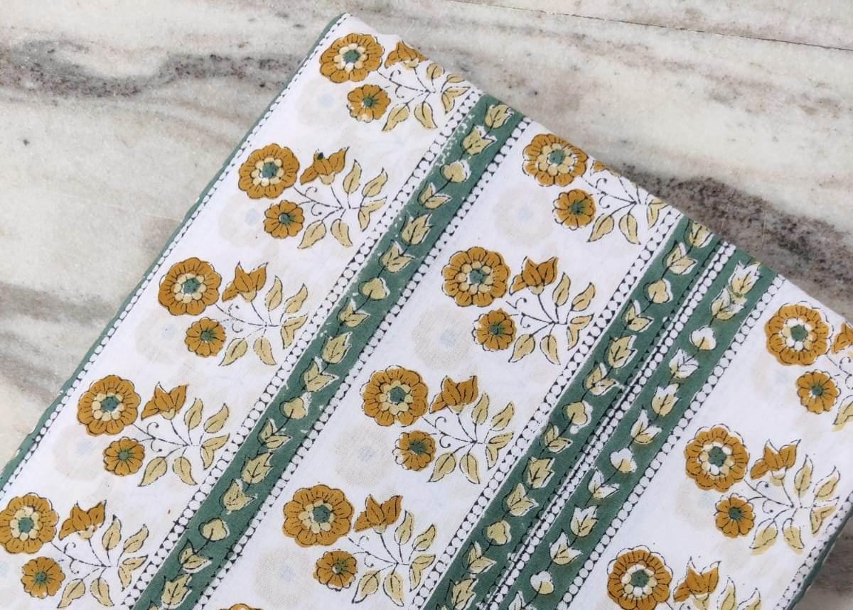 Hand Block Print Cotton Fabric, Floral Stripe Mustard Yellow Green, Indian Cotton Fabric by Yard, Soft Lightweight Sewing Fabric Textile