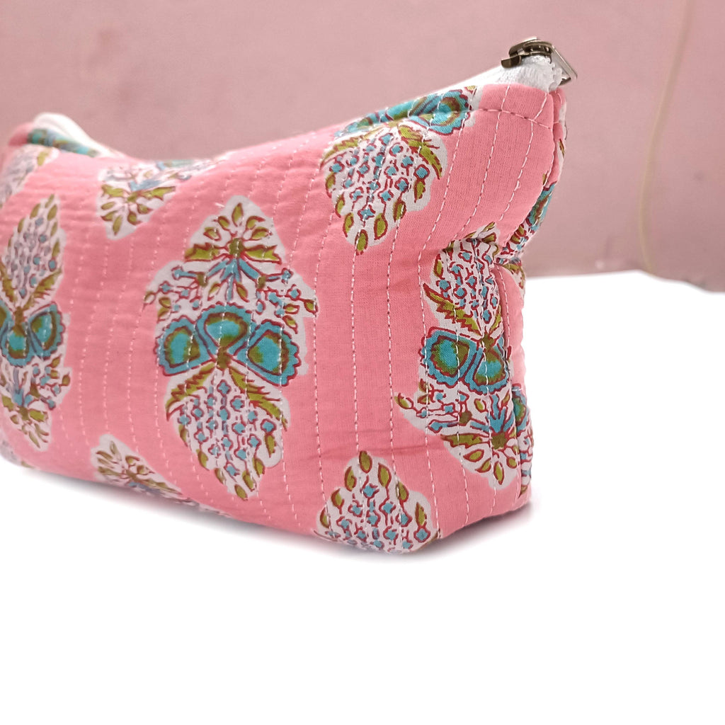 Pink Floral Quilted Pouch: Cotton Makeup Cosmetic Bag