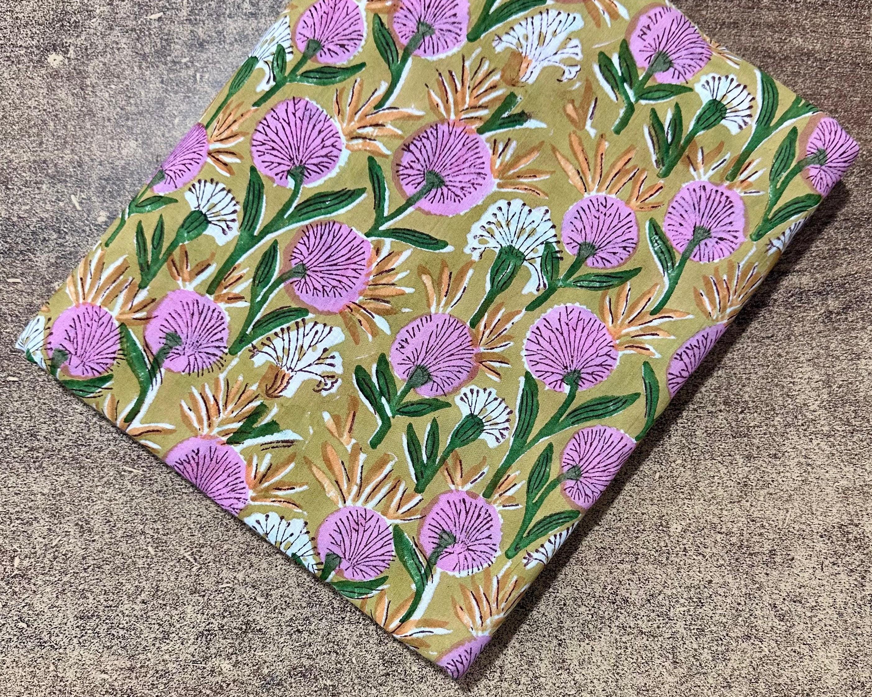 Floral Cotton Fabric by the Yard, Hand Block Print Indian Cotton Fabric Botanical Print Quilting Fabric Sewing Dressmaking Home Decor Fabric