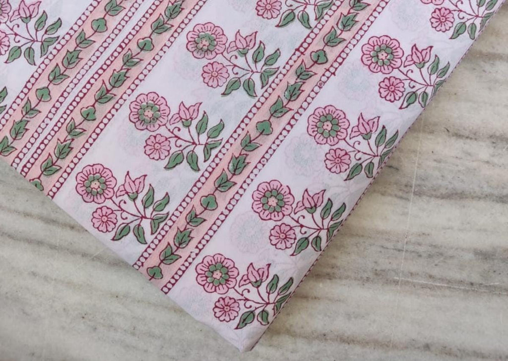 White Cotton Fabric with Pink Floral Stripes, Indian Hand Block Print Fabric by the Yard, Soft Cotton for Sewing, Dressmaking & Crafts