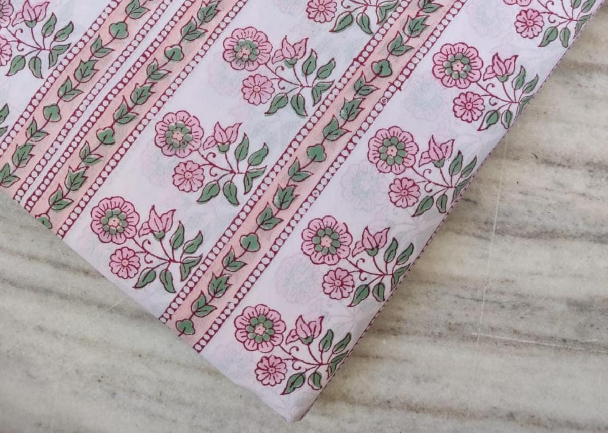White Cotton Fabric with Pink Floral Stripes, Indian Hand Block Print Fabric by the Yard, Soft Cotton for Sewing, Dressmaking & Crafts