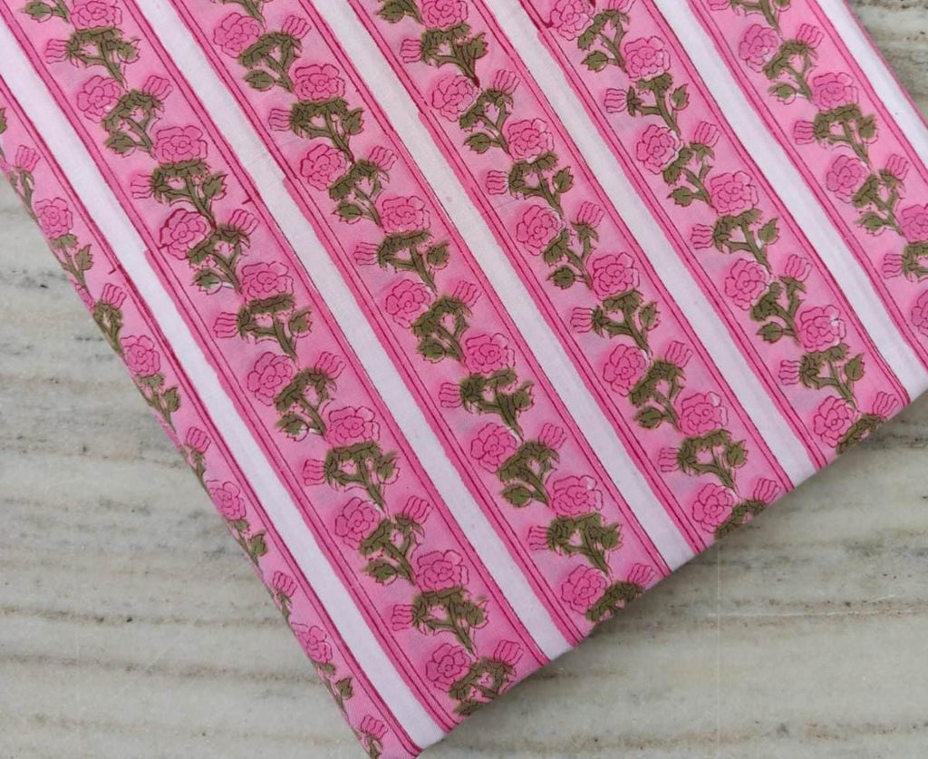 Pink Floral Cotton Fabric, Pink Hand Block Print By The Yard, Indian Soft Cotton Fabric for Loose Running, Dress Making, Textile Fabric