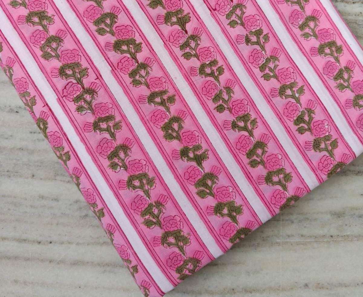 Pink Floral Cotton Fabric, Pink Hand Block Print By The Yard, Indian Soft Cotton Fabric for Loose Running, Dress Making, Textile Fabric