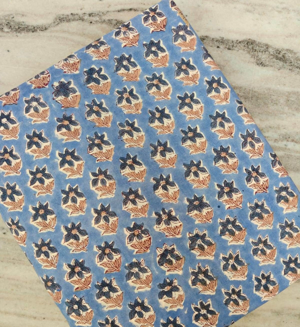 Blue Floral Block Print Cotton Fabric Hand Block Print Fabric Indian Cotton Fabric by Yard Small Flower Print Fabric Natural Cotton Fabric