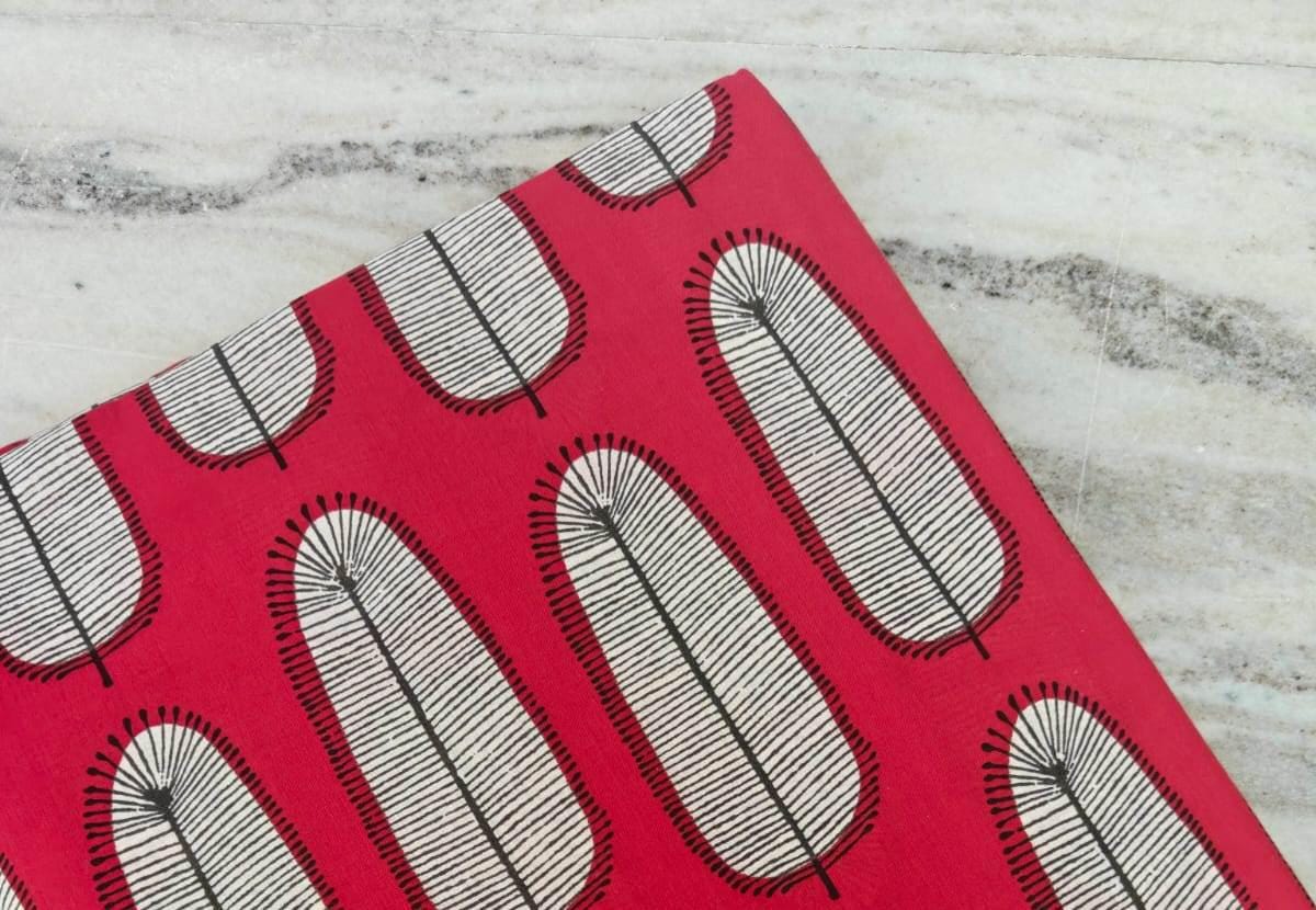 Designer Red Feather Print Cotton Fabric | Modern Leaf Pattern | Soft Indian Fabric by the Yard for Quilting, Sewing & Dressmaking | Gifts