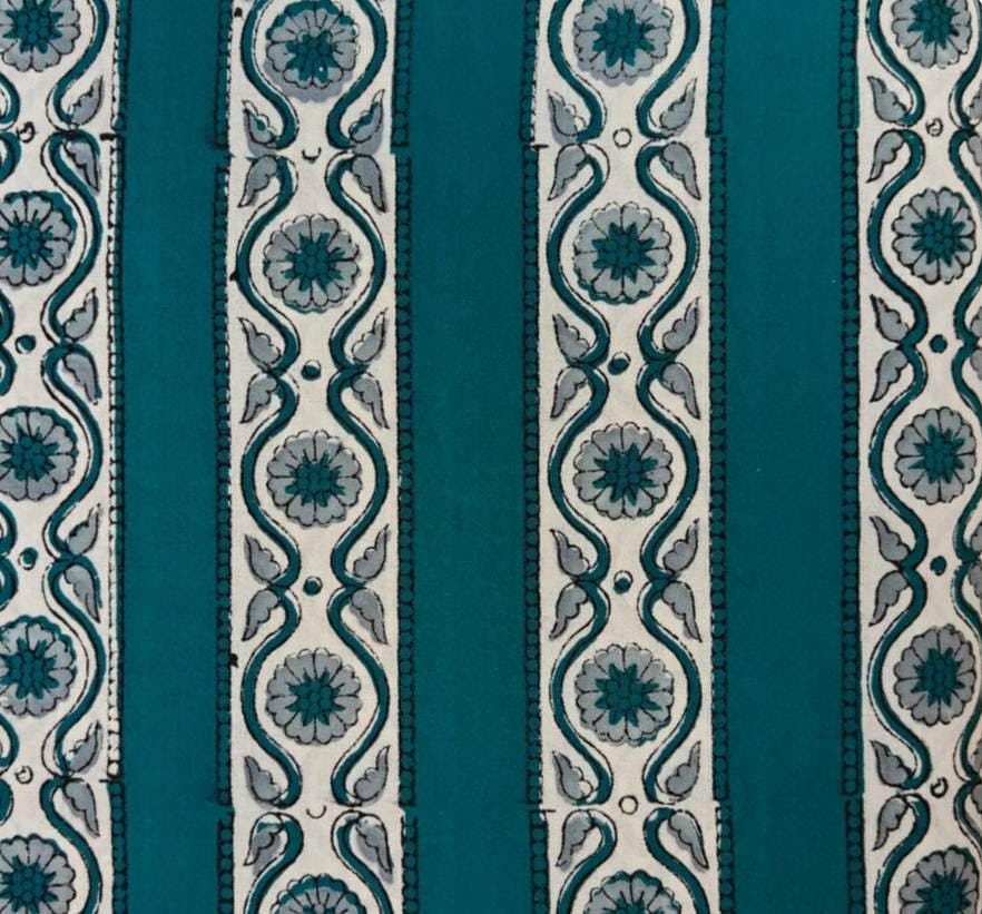 Teal Floral Stripe Cotton Fabric, Block Print Style Fabric, Indian Floral Fabric by the Yard, Quilting Craft Fabric, Boho Home Decor Textile