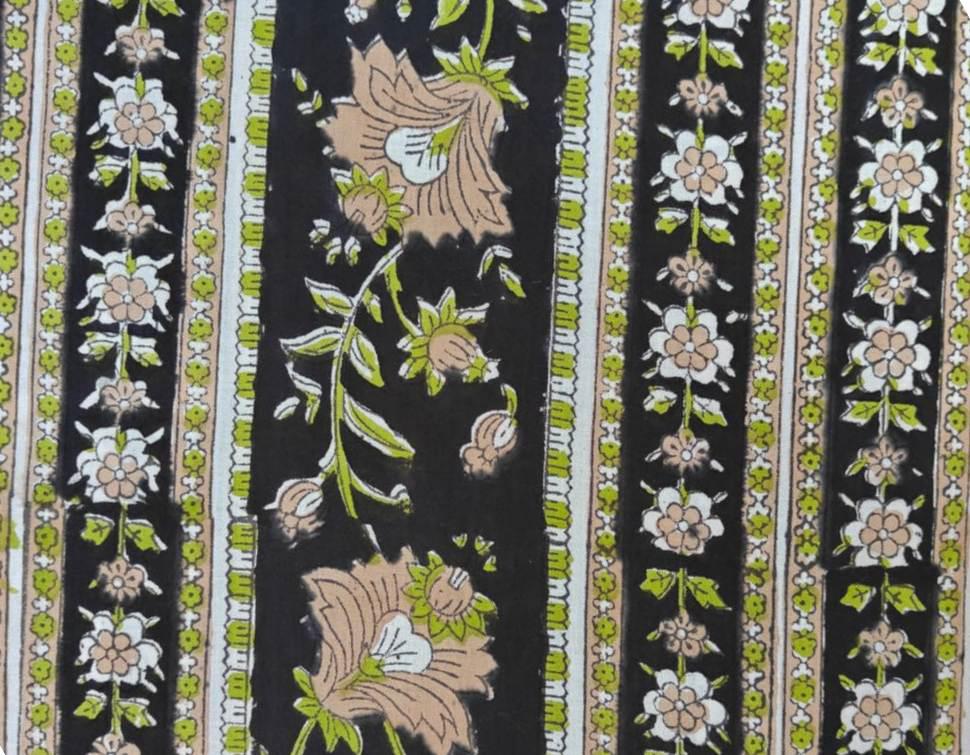 Black Floral Cotton Fabric by the Yard, Vintage Stripe Flower Print, Green Beige Botanical Quilting Sewing Fabric, Curtain Fabric, Napkins