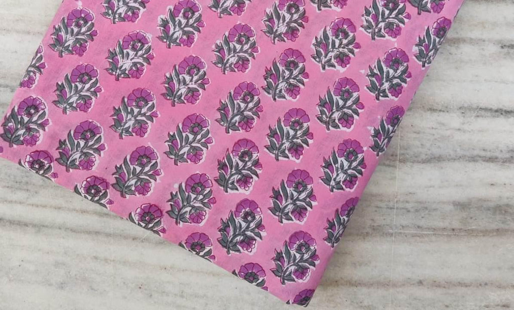 Pink Floral Cotton Fabric by the Yard, Purple Flower Block Print Fabric, Sewing, Quilting, Dressmaking, Craft Fabric, Loose Running Fabric