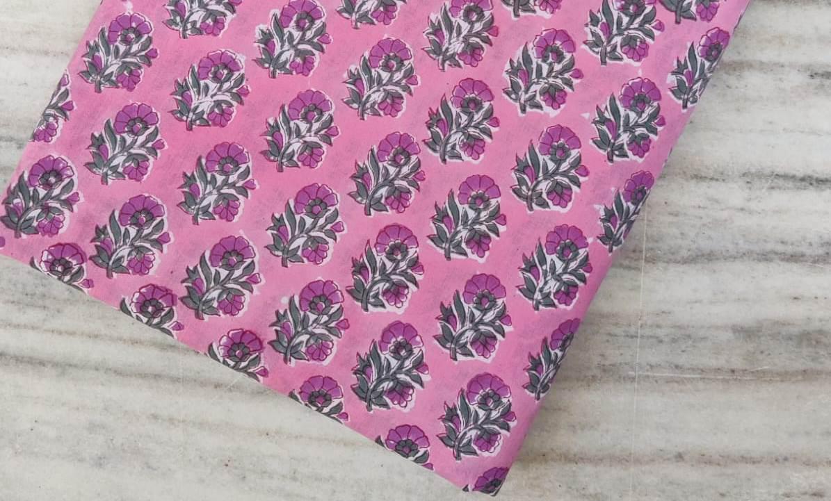 Pink Floral Cotton Fabric by the Yard, Purple Flower Block Print Fabric, Sewing, Quilting, Dressmaking, Craft Fabric, Loose Running Fabric