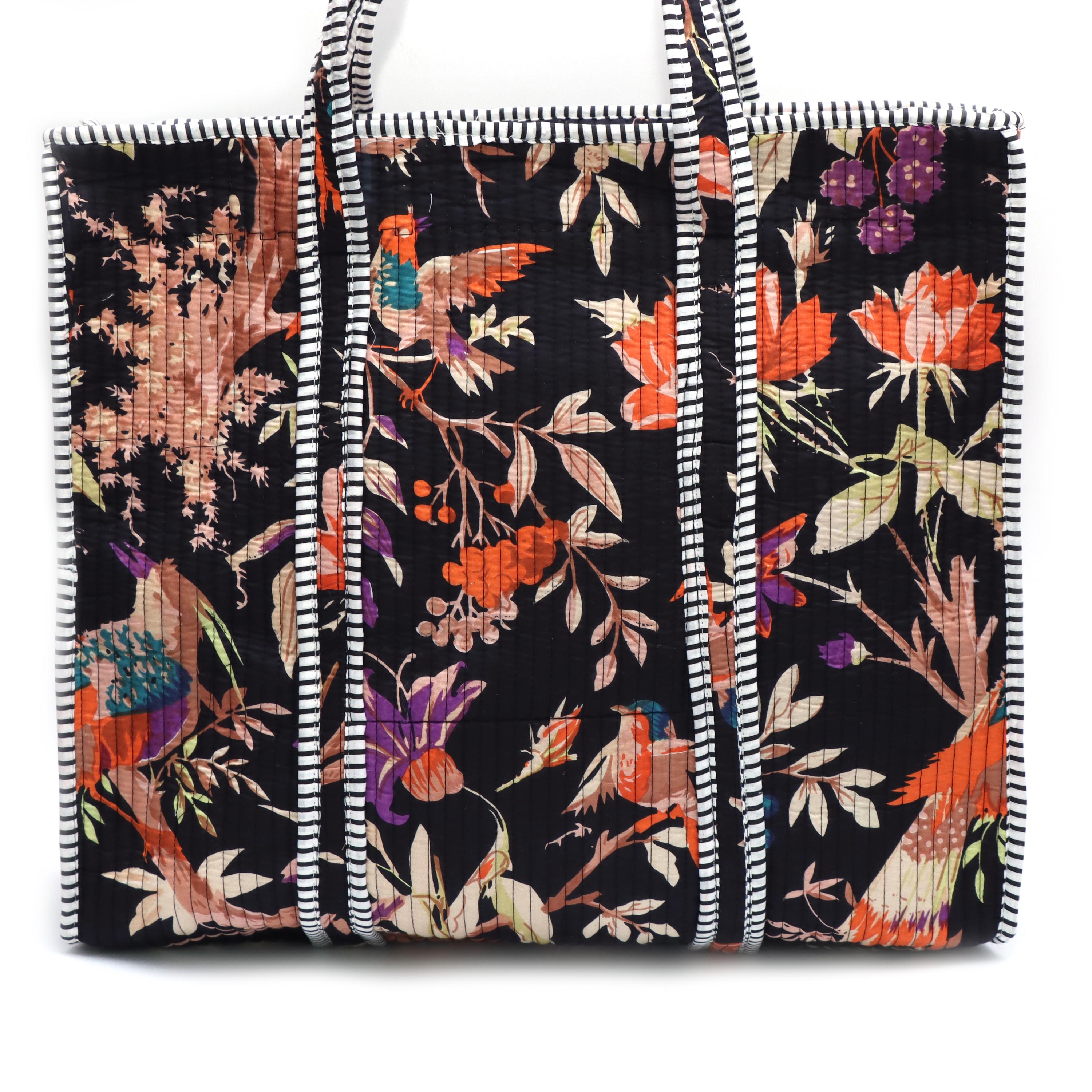 Dark Floral Bird Tote Bag, Black Quilted Tote Bag Vintage Style Cotton Shopper, Statement Everyday Bag, Large Boho Market Tote, Gift for Her
