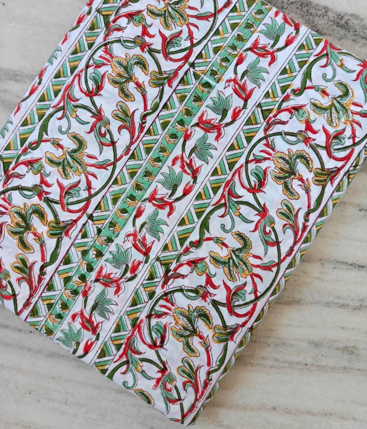 Indian Hand Block Print Cotton Fabric, Red Green Floral Vine Border Print, Jaipur Cotton Textile, Cotton Craft Fabric, Dressmaking Fabric