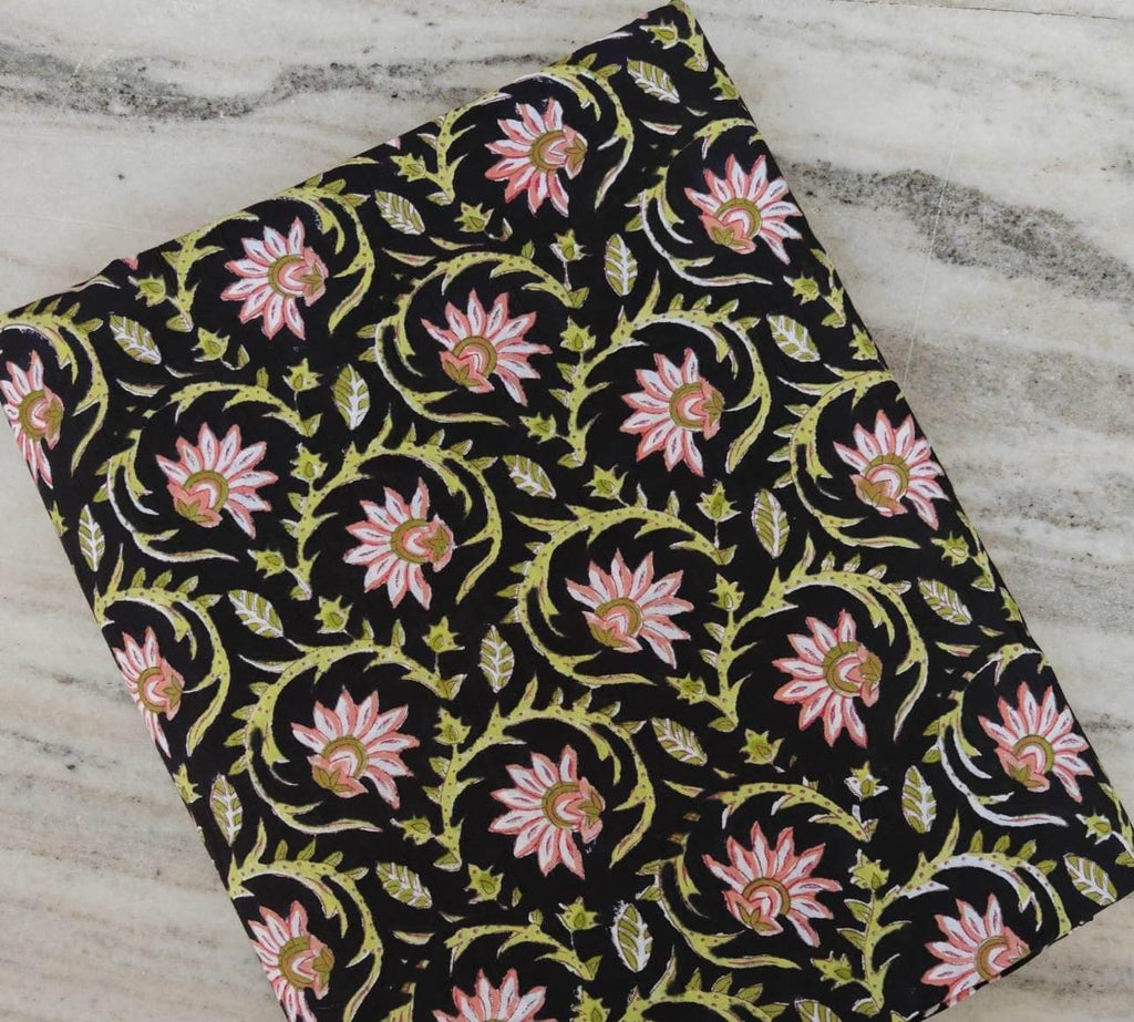 Black Floral Cotton Fabric by the Yard, Pink Lotus Vine Print, Indian Block Print Fabric, Botanical Quilting Fabric, Dressmaking, Napkins