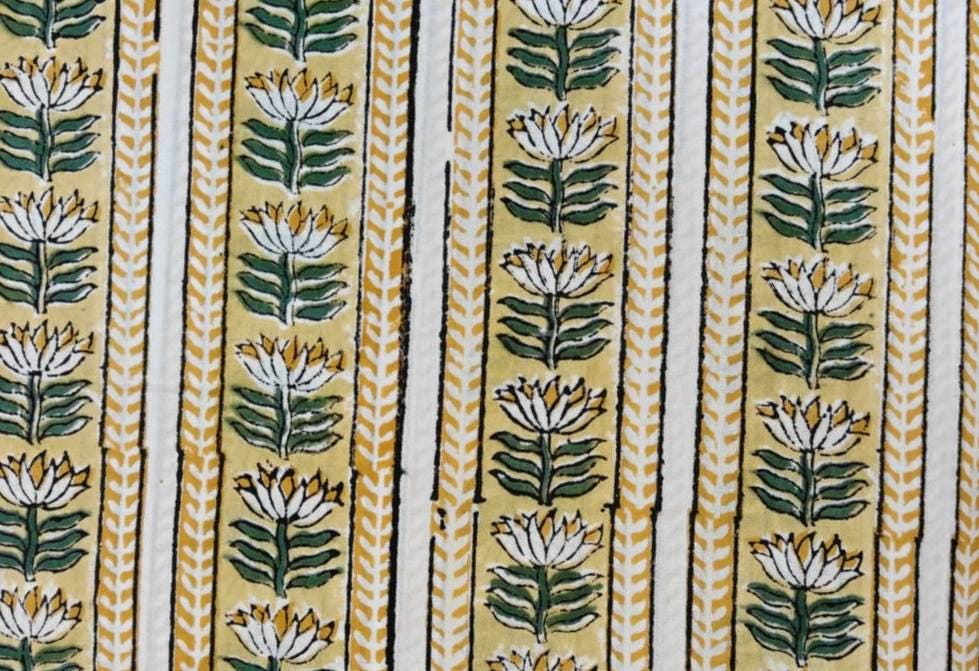 Yellow Floral Stripe Block Print Cotton Fabric, Hand Block Printed Indian Cotton Fabric By The Yard, White Lotus Buta Fabric for Dressmaking