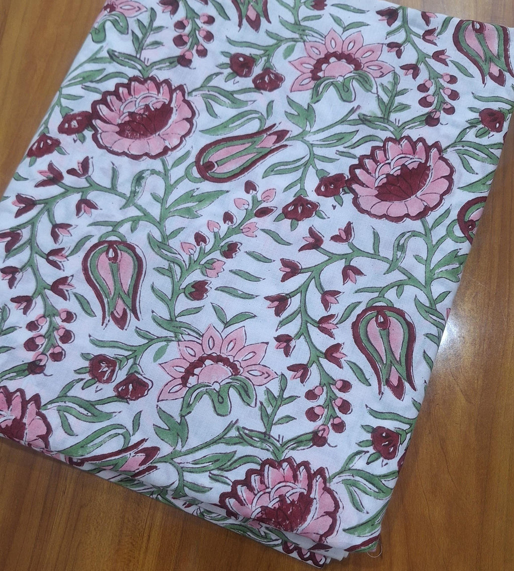 Pink Floral Cotton Fabric, Hand Block Print Indian Cotton, Soft Lightweight Fabric for Dressmaking, Quilting, Sewing & DIY Crafts