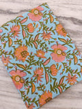 Lightweight Floral Cotton Fabric, Pink Hand Block Print on Blue Soft Indian Cotton Fabric by the Yard Quilting, Dressmaking, Sewing