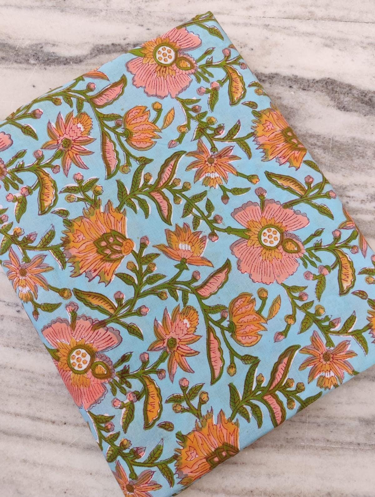 Lightweight Floral Cotton Fabric, Pink Hand Block Print on Blue Soft Indian Cotton Fabric by the Yard Quilting, Dressmaking, Sewing