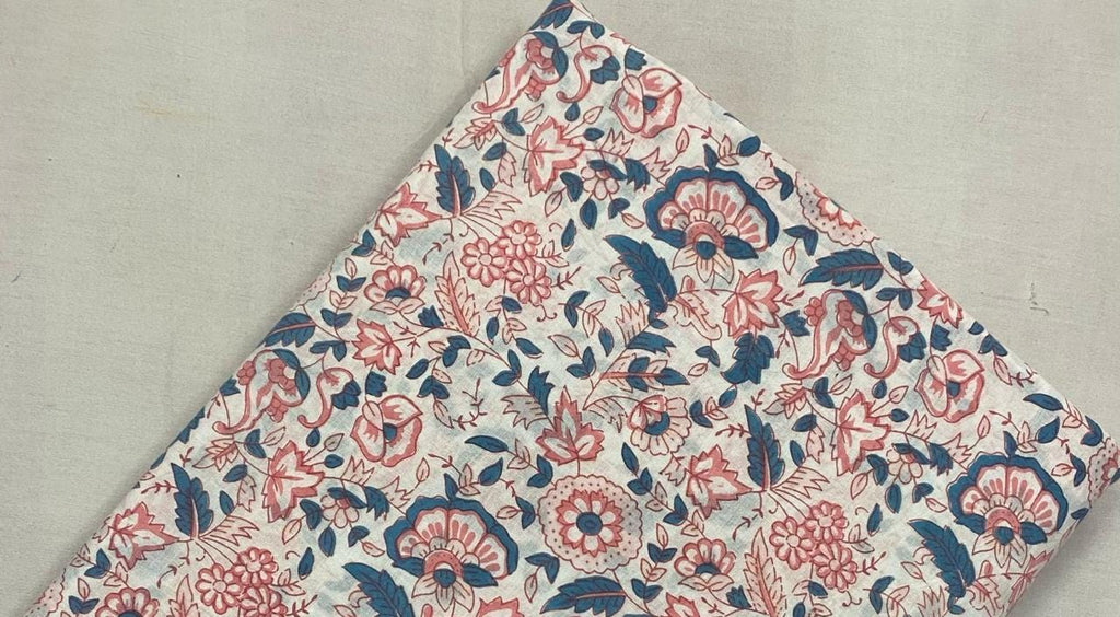 Floral Cotton Fabric by the Yard, Pink Blue Block Print Fabric, Indian Hand Printed Fabric, Soft Lightweight Fabric for Dressmaking Quilting