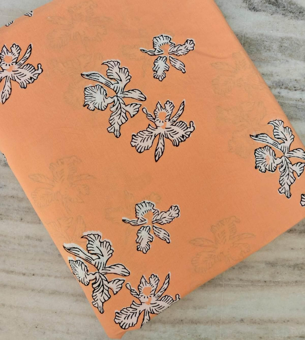 Peach Floral Cotton Fabric by the Yard, White Orchid Print, Soft Lightweight Dressmaking Fabric, Spring Summer Sewing Quilting Fabric