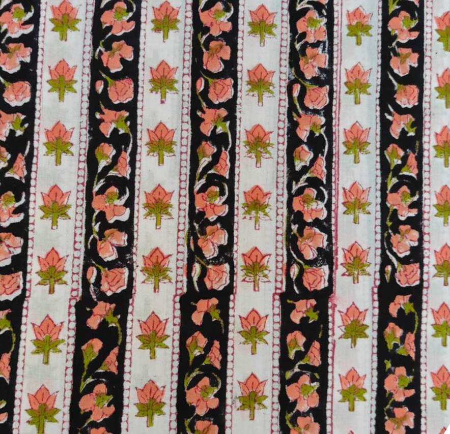 White and Black Floral Stripe Cotton Fabric by Yard, Indian Hand Block Print Fabric, Peach Flower Cotton Material for Dressmaking, Quilting