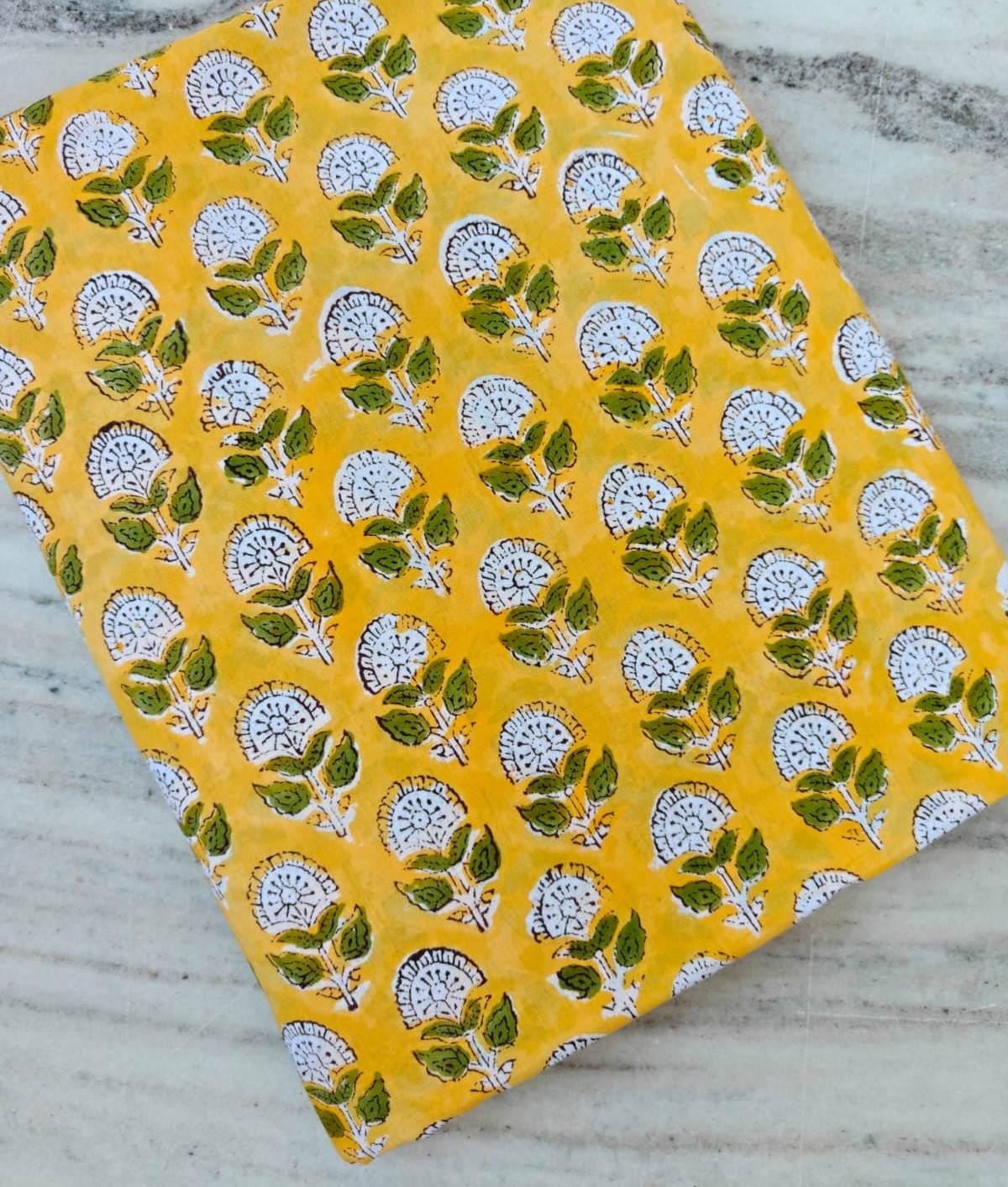 Yellow Floral Cotton Fabric, Indian Block Print Cotton Fabric, Hand Block Style Fabric by Yard, Yellow Green Flower Fabric for Dress Fabric