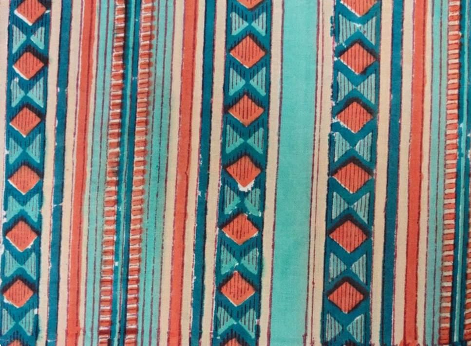 Turquoise Coral Geometric Cotton Fabric, Indian Hand Block Print Cotton Fabric, Southwestern Diamond Stripe Print for Sewing & Quilting