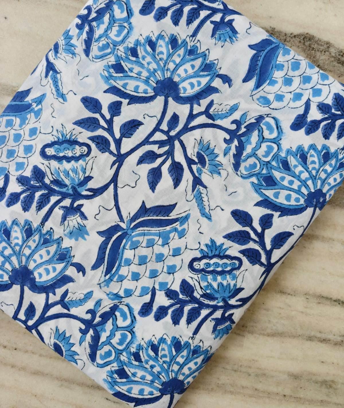 Blue Floral Cotton Fabric, Hand Block Print Indian Fabric, Large Lotus Flower Print, Soft Cotton Fabric for Sewing Quilting Upholstery Craft