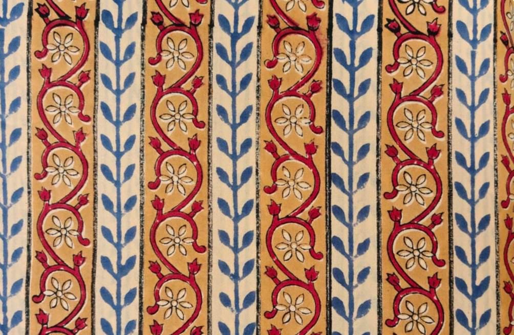 Blue Leaf Floral Cotton Fabric by the Yard, Indian Block Print Fabric, Mustard Striped Paisley Fabric, Quilting Dressmaking Craft Fabric