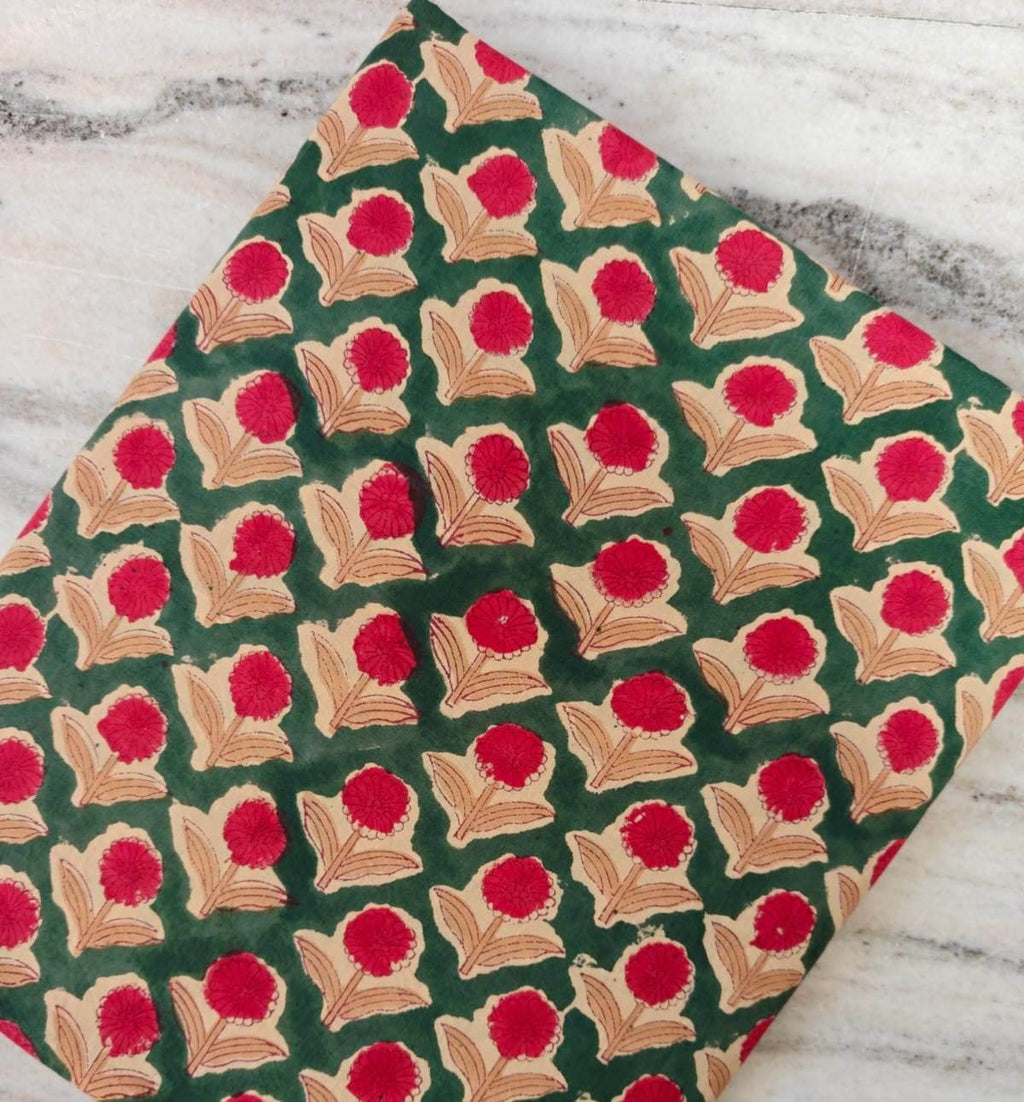 Green Floral Block Print Cotton Fabric, Red Flower Hand Printed Indian Cotton, Traditional Sanganeri Style Fabric for Sewing, Quilting