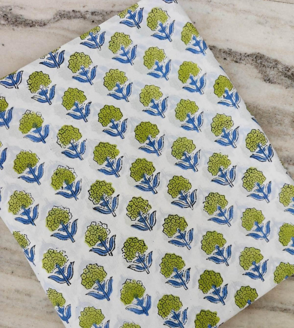 Floral Buti Block Print Cotton Fabric, Small Motif Indian Cotton Fabric, Blue Green Hand Block Print Fabric, Quilting Sewing Fabric The Yard
