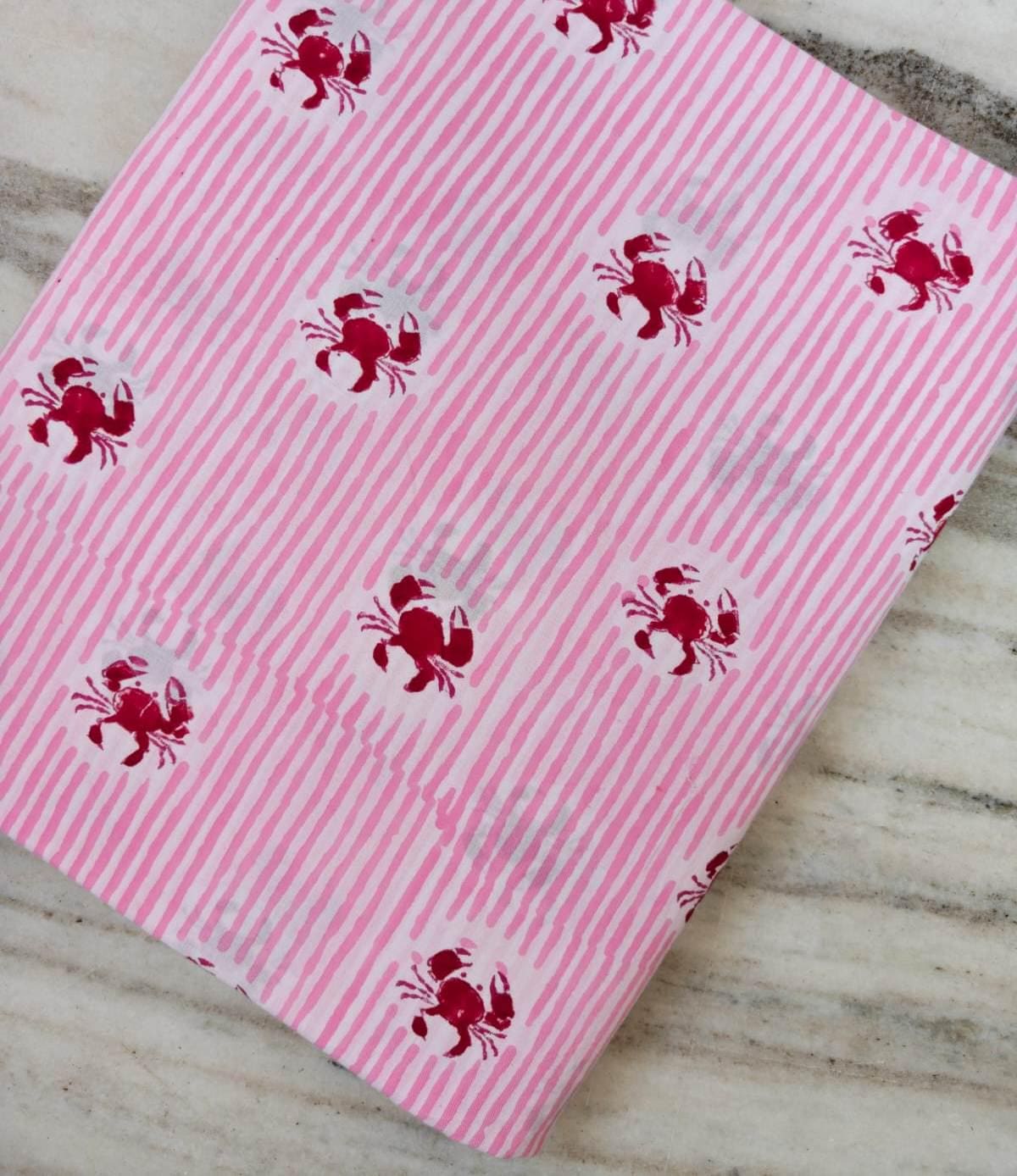 Pink Striped Crab Print Cotton Fabric, Nautical Coastal Fabric by Yard, Soft Cotton Textile for Sewing, Summer Dresses Bulk Fabric Available