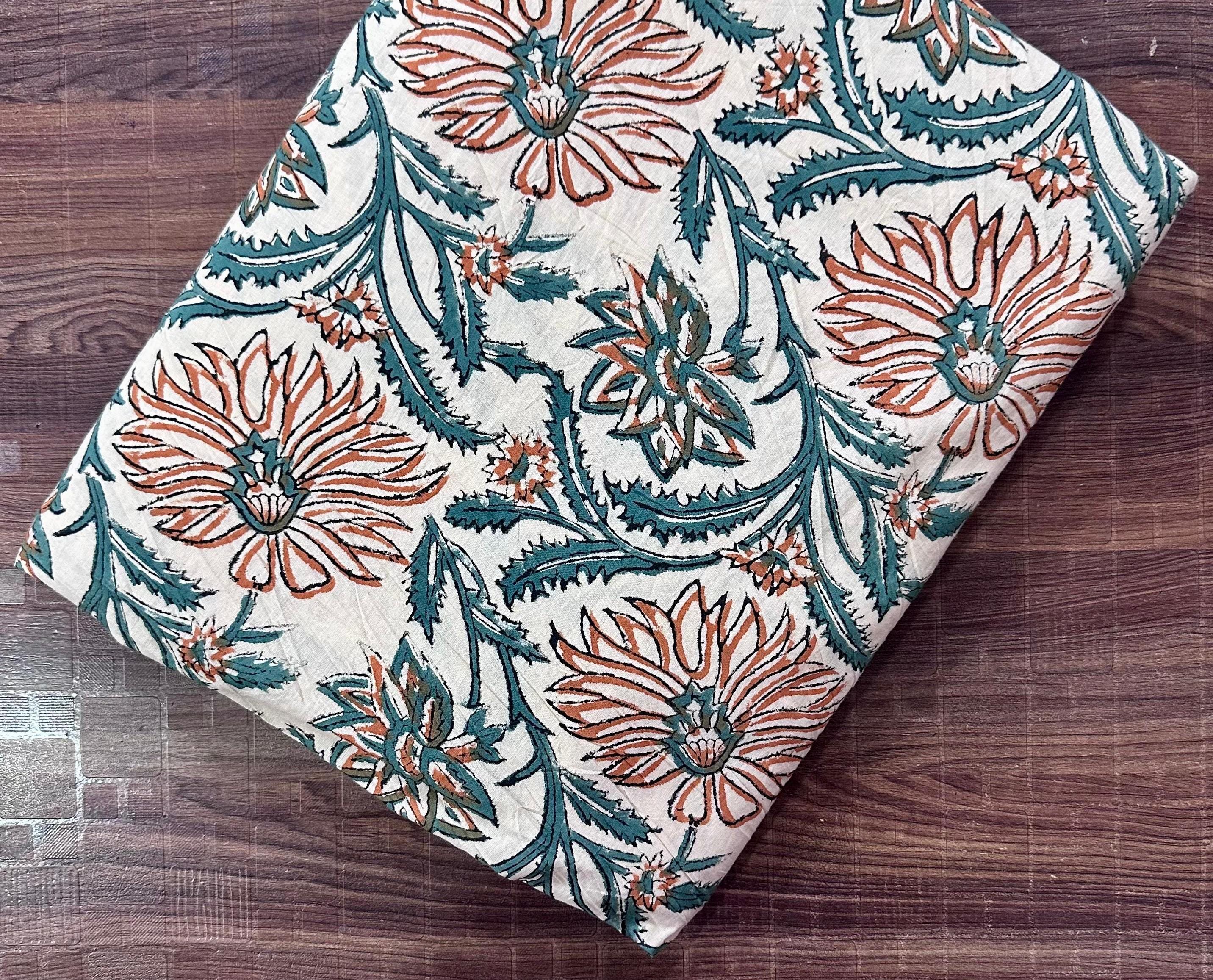 Beige Floral Block Print Cotton Fabric by the Yard | Handcrafted Indian Cotton for Sewing, Quilting & Apparel | Quilting Dressmaking Fabric