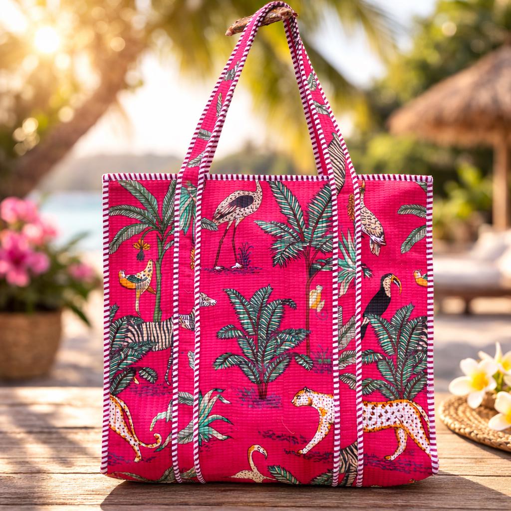 Pink Jungle Print Quilted Tote Bag, Handmade Cotton Block Print Shoulder Bag, Large Fabric Shopper, Reusable Market Bag, Safari Animal Tote