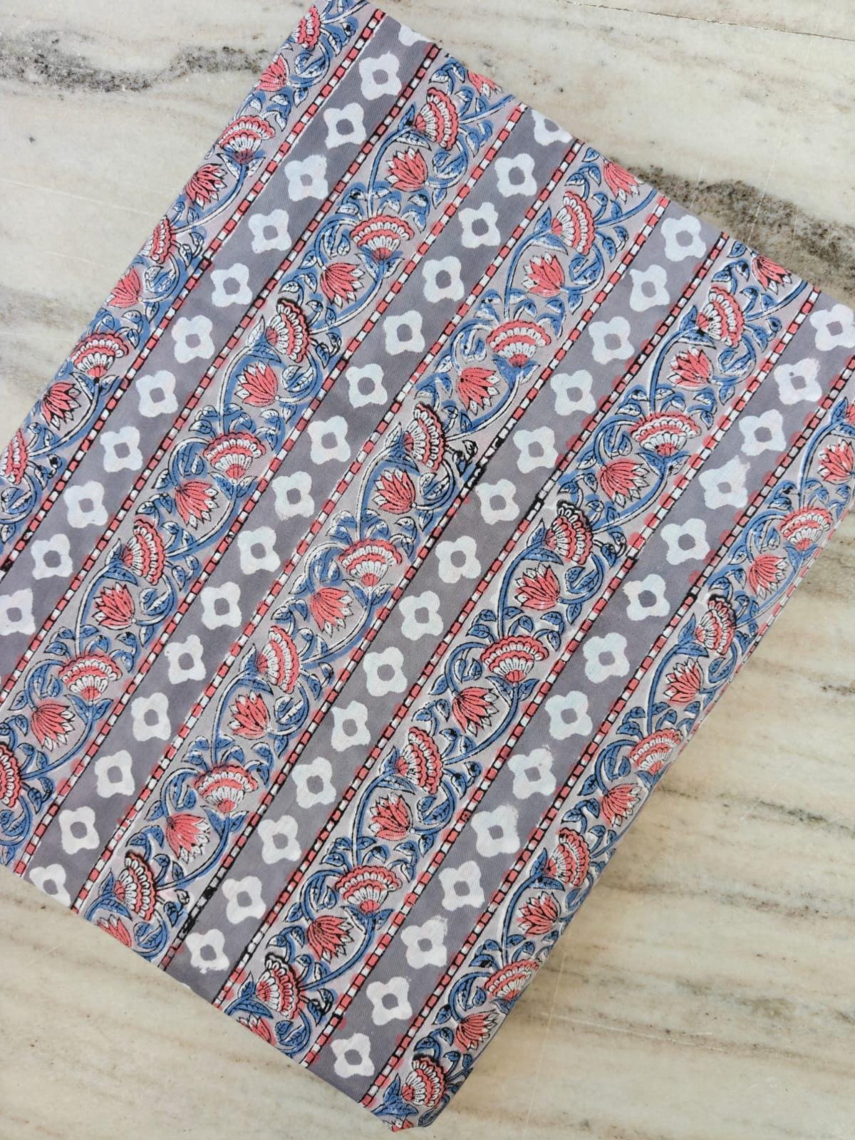 Floral Stripe Cotton Fabric, Grey Block Print Fabric, Indian Hand Printed Cotton, Blue Pink Flower Vine Fabric, Boho Dressmaking Fabric
