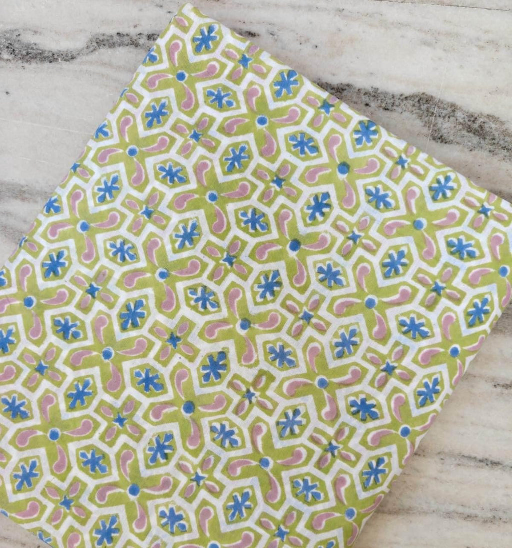 Green Geometric Floral Cotton Fabric, Hand Block Print Style Pink & Blue Printed Cotton, Indian Dressmaking Quilting Craft Fabric by Yard