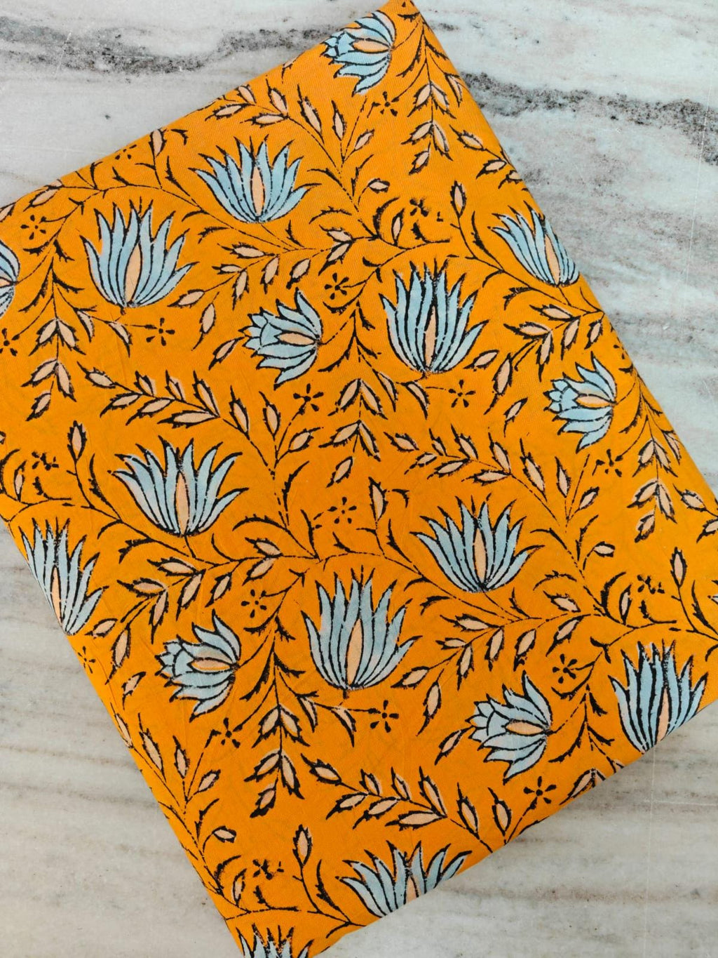 Mustard Orange Floral Cotton Fabric by Yard, Orange Lotus Flower Hand Block Print Fabric, Indian Soft Cotton for Quilting, Dress Making