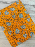 Mustard Orange Floral Cotton Fabric by Yard, Orange Lotus Flower Hand Block Print Fabric, Indian Soft Cotton for Quilting, Dress Making